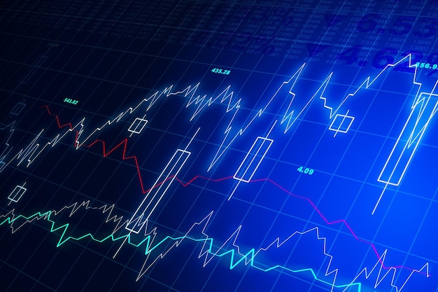 Streszczenie wykresów forex na niebieskim tle Renderowanie 3D