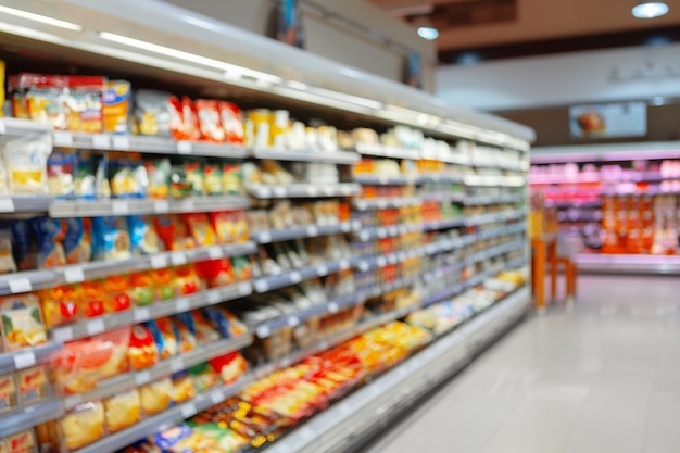 Streszczenie zamazane półki supermarketów z produktami na tle