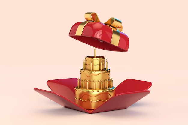 Streszczenie Złoty Tort w Otwartym Czerwonym Pudełku Prezentowym Z Renderowania 3d Złotą Wstążką