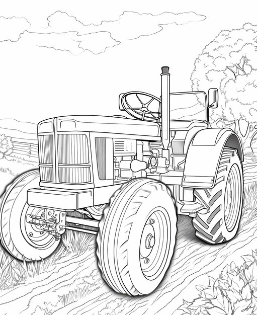 Zdjęcie strona farmowa, scena z traktorem, bez cieni, czarno-biała.