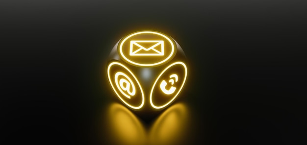 Strona internetowa i Internet kontaktują się z nami w formie ikon neonowych kostek na ciemnym tle