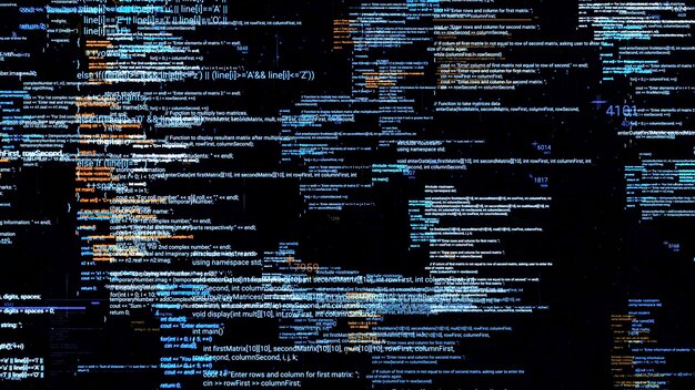 Strona z kodami źródłowymi na czarnym tle animacja nakładająca się na kody źródłowe w cyberprzestrzeni