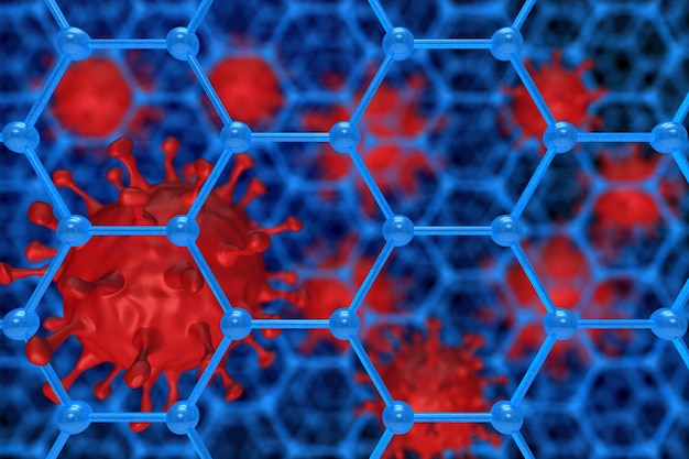 Struktura cząsteczki i wirus na niebiesko.