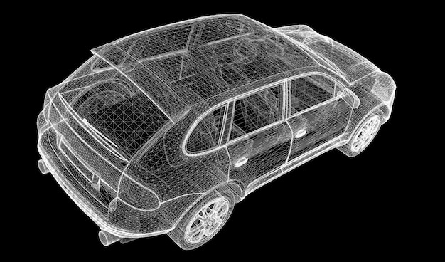 Struktura karoserii modelu 3D samochodu, model drutu