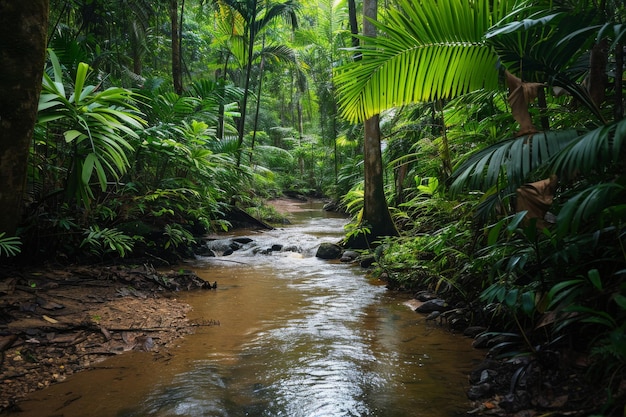 Strumień kręci się przez gęsty las otoczony żywymi zielonymi liśćmi i tworzy spokojną atmosferę Mała rzeka skręcająca się i obracająca się w gęstym lesie deszczowym