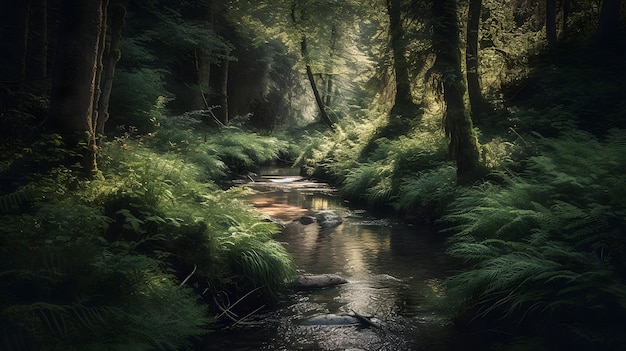 Zdjęcie strumień w lesie z zielonymi roślinami i świecącym na nim światłem.