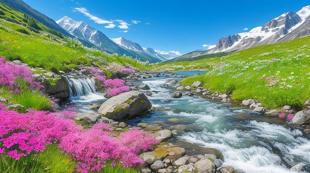 Strumień wody otoczony górami i kwiatami w słoneczny dzień