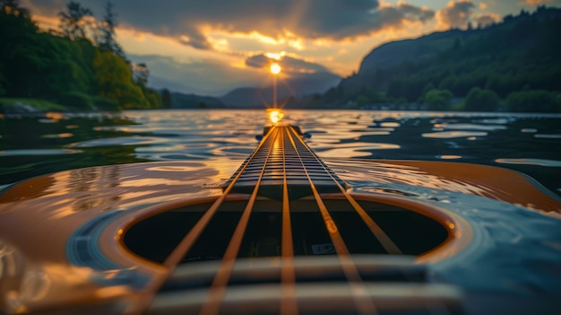 Struny gitary rozbrzmiewają w falach na spokojnym jeziorze.