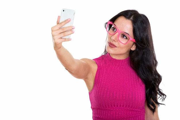 Strzał Studio Młoda Piękna Kobieta Hiszpański Biorąc Selfie