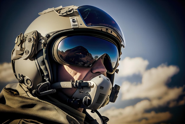 Strzał w głowę pilota myśliwca lecącego na wysokim niebie w przestrzeni powietrznej dla obrony narodowej lub wojny światowej Portret żołnierza Generative AI