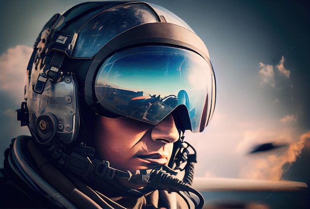 Strzał w głowę pilota myśliwca lecącego na wysokim niebie w przestrzeni powietrznej dla obrony narodowej lub wojny światowej Portret żołnierza Generative AI