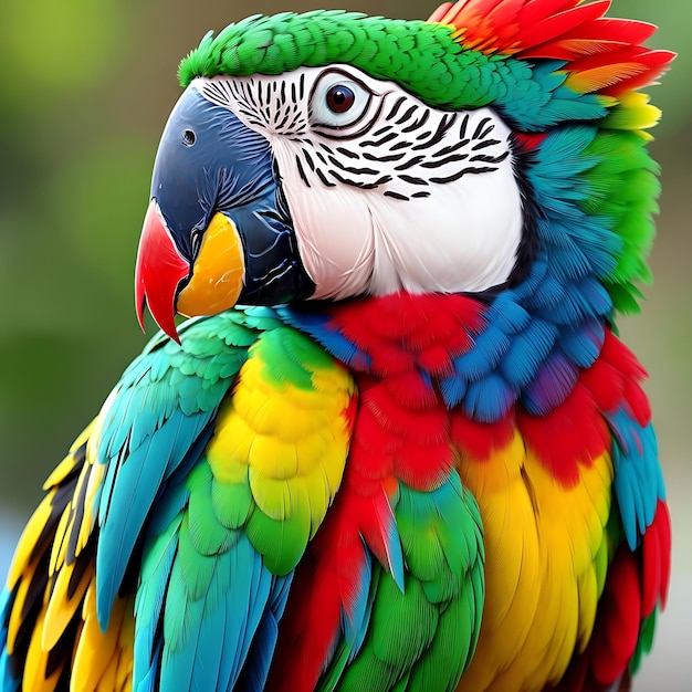 Strzał zbliżenie kolorowej papugi wygenerowanej przez sztuczną inteligencję