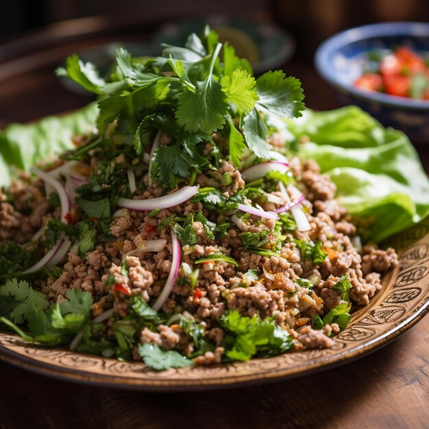 Strzał zbliżenie Lao Larb ze świeżymi ziołami i pikantnymi papryczkami chilli