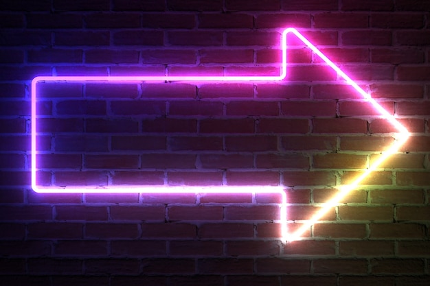 Zdjęcie strzałka neon light frame z pustą przestrzenią na twój projekt przed ceglaną ścianą. renderowanie 3d