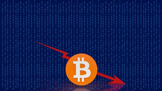 Strzałka symbolu bitcoin w dół na cyfrowym tle dla koncepcji biznesowej renderowania 3d