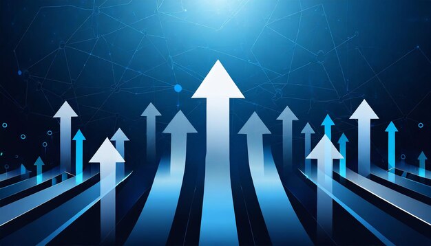 Strzały w górę na głębokim niebieskim tle z jedną dużą strzałką Rozwój wzrostu biznesu