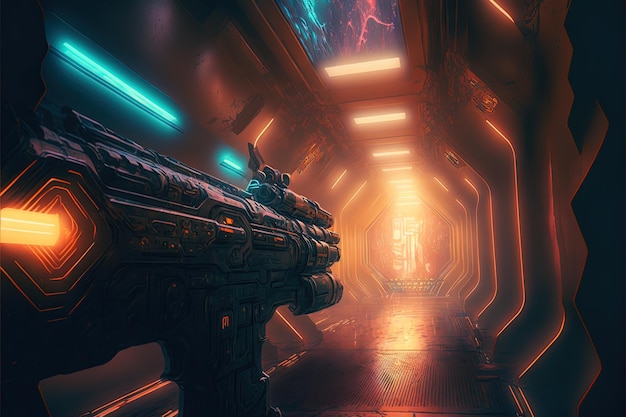 Strzelanka z widokiem z pierwszej osoby trzymająca futurystyczny karabin na korytarzu statku kosmicznego scifi AI