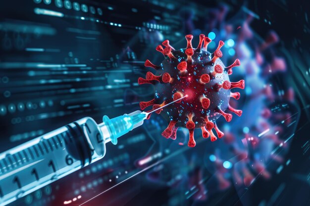 Strzykawka skierowana na wirusa przedstawiająca medyczną interwencję szczepienia z wysokiej precyzji w tle danych cyfrowych strzykawka z wirusem szczepionki medyczna interwencja precyzja