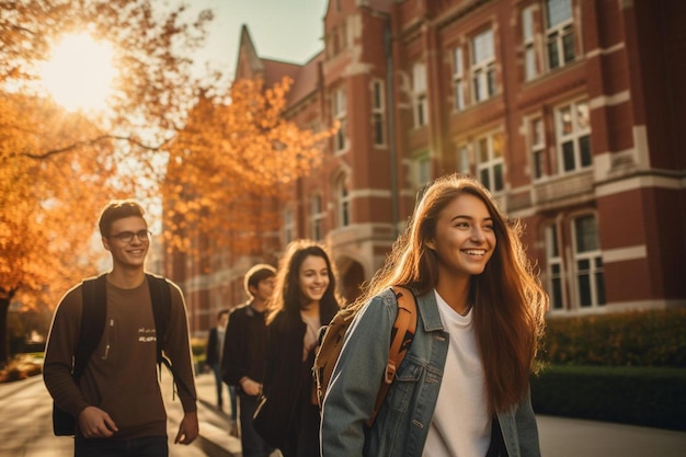 Studenci idący ulicą przed ceglanym budynkiem.