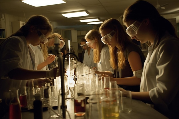 Studenci pracujący w laboratorium ze zlewkami i szklankami