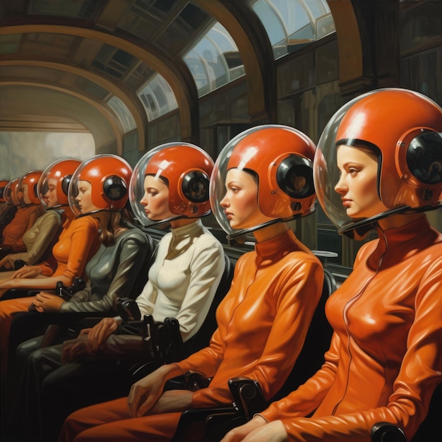 Zdjęcie studenci retrofuturizmu, ich głowy ozdobione eleganckimi i futurystycznymi hełmami.