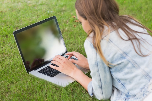 Studencki Lying On The Beach Na Trawie Używać Jej Laptop