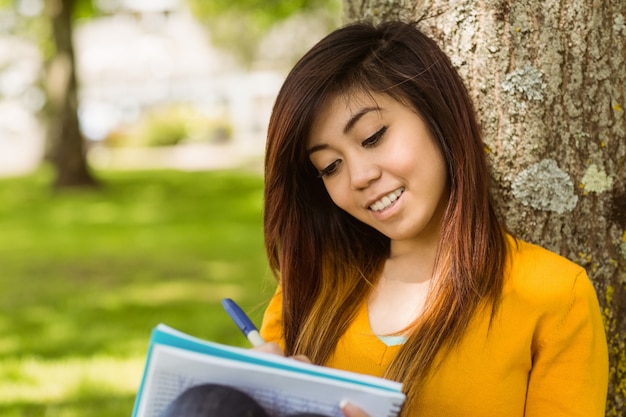 Student collegu robi pracie domowej przeciw drzewu w parku