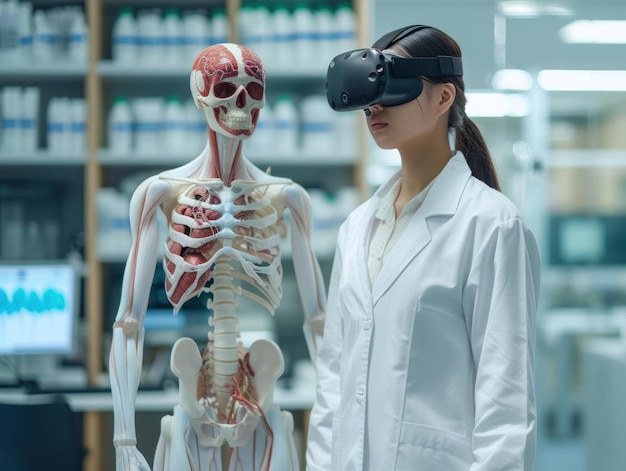 Zdjęcie student medycyny w płaszczu laboratoryjnym używający technologii wirtualnej rzeczywistości do szczegółowego studiowania ludzkiej anatomii na