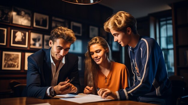 Student pomagający dwóm innym osobom w pisaniu i edukacji zbiorowe obrazy