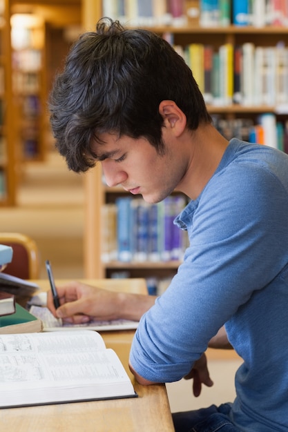 Student studiuje w bibliotece