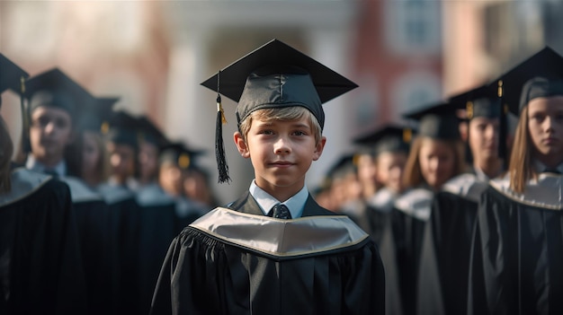 Student w czapce dyplomowej i todze stoi przed tłumem ludzi.