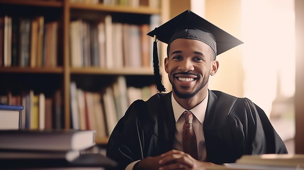Student w czapce i todze dyplomowej uśmiecha się do kamery