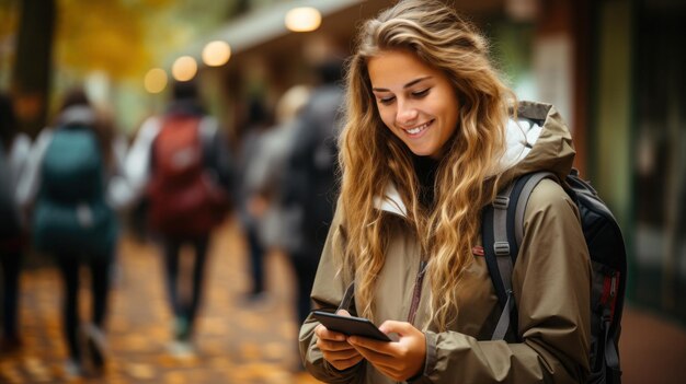 Studentka czytająca wiadomość na smartfonie przechodząca przez jesienne miasto uniwersyteckie