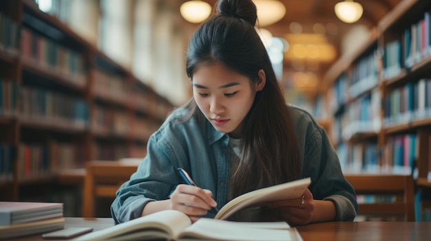 Studentka robiąca notatki z książki w bibliotece Młoda Azjatka siedząca przy stole robiąca zadania w bibliotece uniwersyteckiej