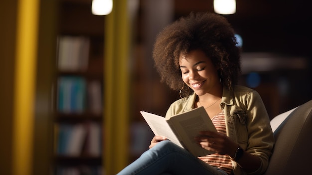 Studentka siedząca przed półkami z książkami w bibliotece uniwersyteckiej i czytająca książkę