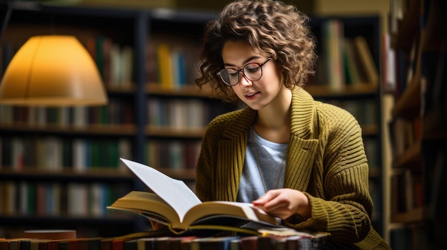 Studentka siedzi przed półkami z książkami w bibliotece uczelni i czyta książkę