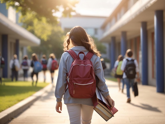 studentka z książkami z powrotem do tła szkoły