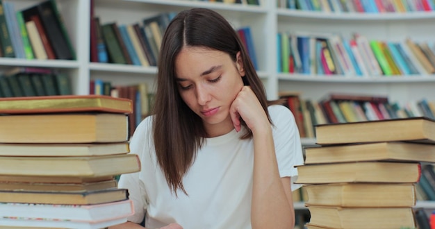 Studentka zbierająca informacje z różnych książek Kaukaska dziewczyna w białej koszulce zbierająca dane do gazety Koncepcja samokształcenia