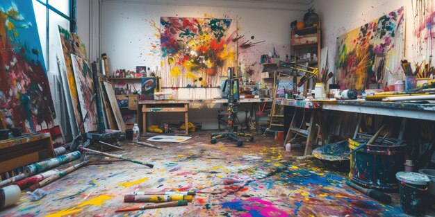 Studio artystyczne w pełnym chaosie twórczym farby rozrzucone blaskiem
