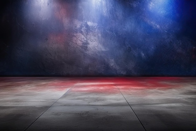 Studio ciemny pokój z mgłą i czerwonym i niebieskim oświetleniem na grunge betonowej podłodze tła