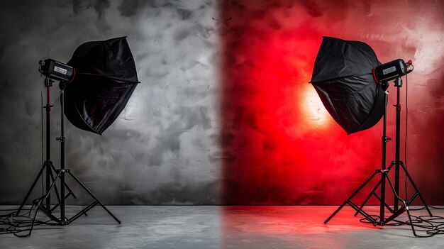 Studio fotograficzne z sprzętem oświetleniowym i czerwonym tłem na ścianie