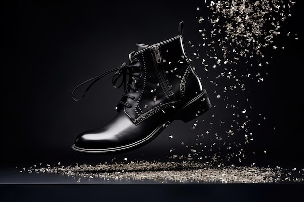 Zdjęcie studio martwa natura modnych czarnych butów w powietrzu
