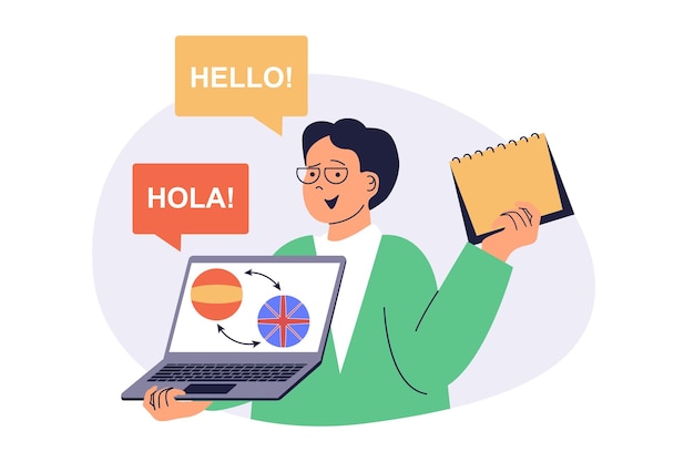 Studiowanie języka obcego w Internecie koncepcja internetowa z płaskimi kreskówkami ludzie do projektowania stron internetowych Człowiek uczący się angielskiego i hiszpańskiego z kursem wideo robiący szkolenia lekcyjne na laptopie Ilustracja wektorowa