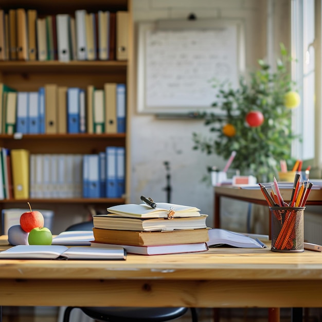 Studiowanie przestrzeni szkolnego biurka z porządnie ułożonymi artykułami stacjonarnymi i książkami dla mediów społecznościowych