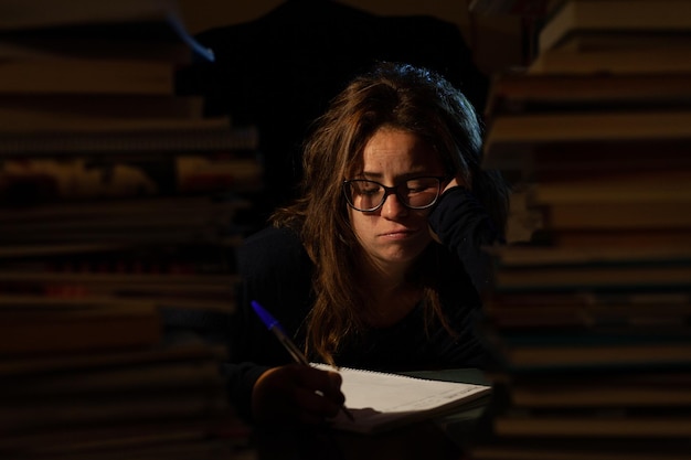 Zdjęcie studiująca kobieta otoczona książkami