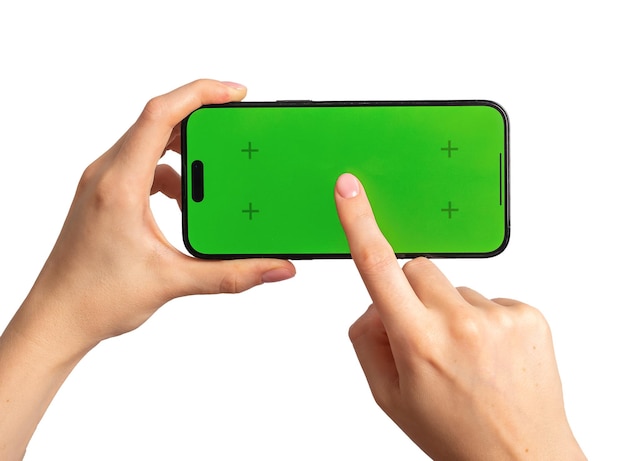 Stukanie palcem w środek ekranu telefonu komórkowego Dłoń trzymająca poziomą makieta smartfona izolowana na białym tle