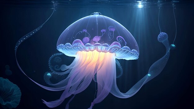 Stwórz eteryczny portret półprzezroczystej meduzy dryfującej wdzięcznie przez ciemne głębi