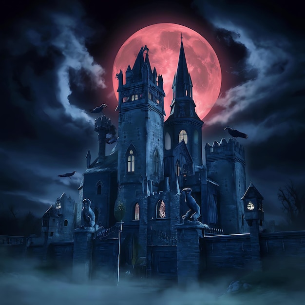 Stwórz gotycki obraz Halloween z dramatyczną i ciemną estetyką przedstawiającą starożytne zamki