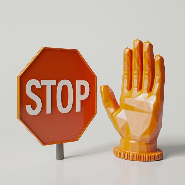 Zdjęcie stwórz ilustrację renderingu 3d żywego znaku stop obok ręki symbolizującej gest 39stop39 oba ustawione na białym tle ai generative