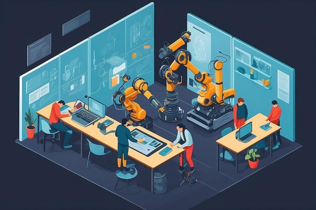 Stwórz ilustrację studentów współpracujących nad projektem robotycznym w laboratorium